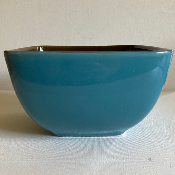 PIER ONE Cereal Bowl Blue Hibiscus Brown Interior Square 5.5" Discontinued - Picture 2 of 9